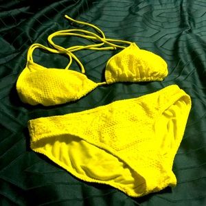 Neon yellow misses two piece swimsuit.